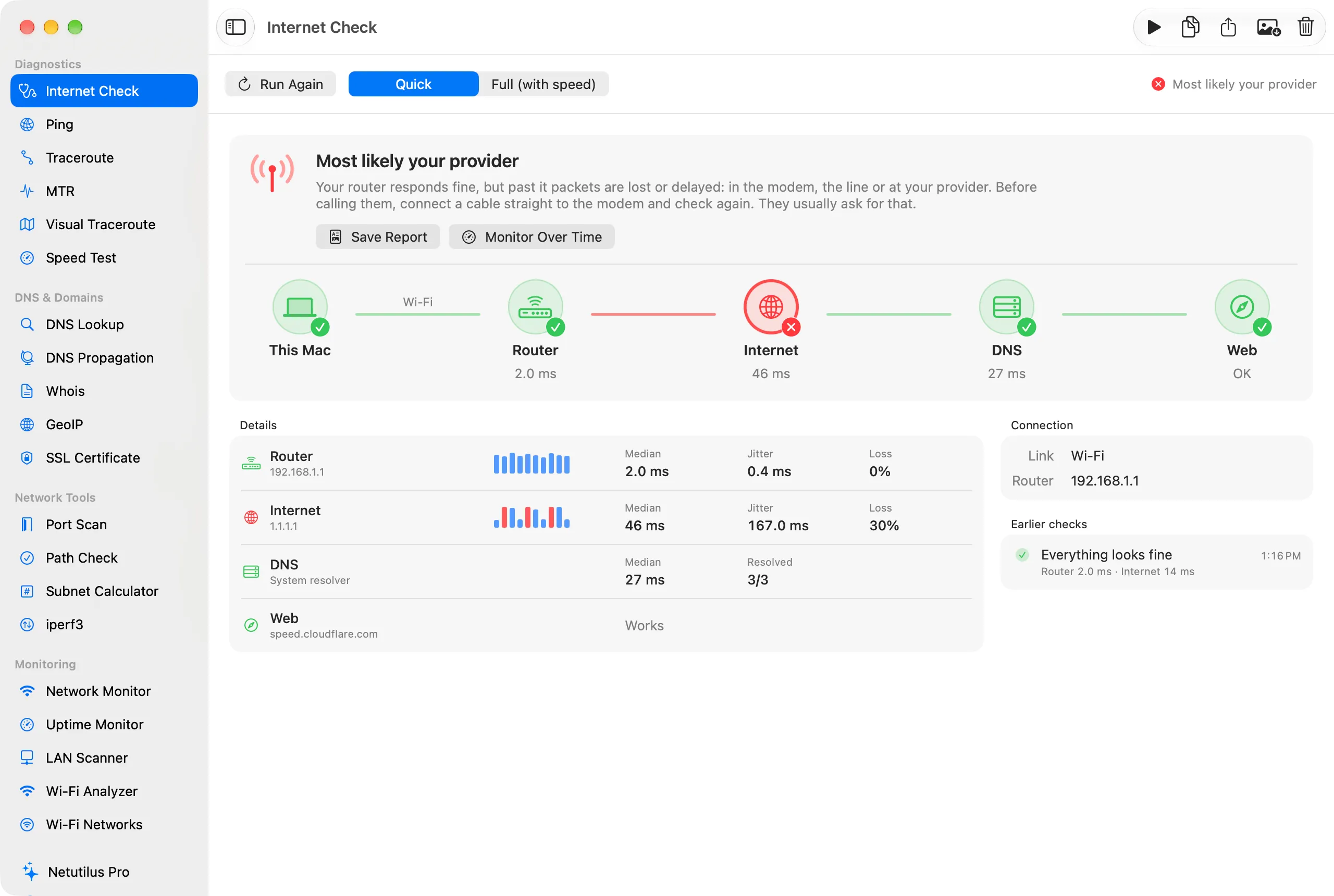 Netutilus Internet Check: the router answers but packets are lost past it, so the verdict is “Most likely your provider”, with every tool listed in the sidebar