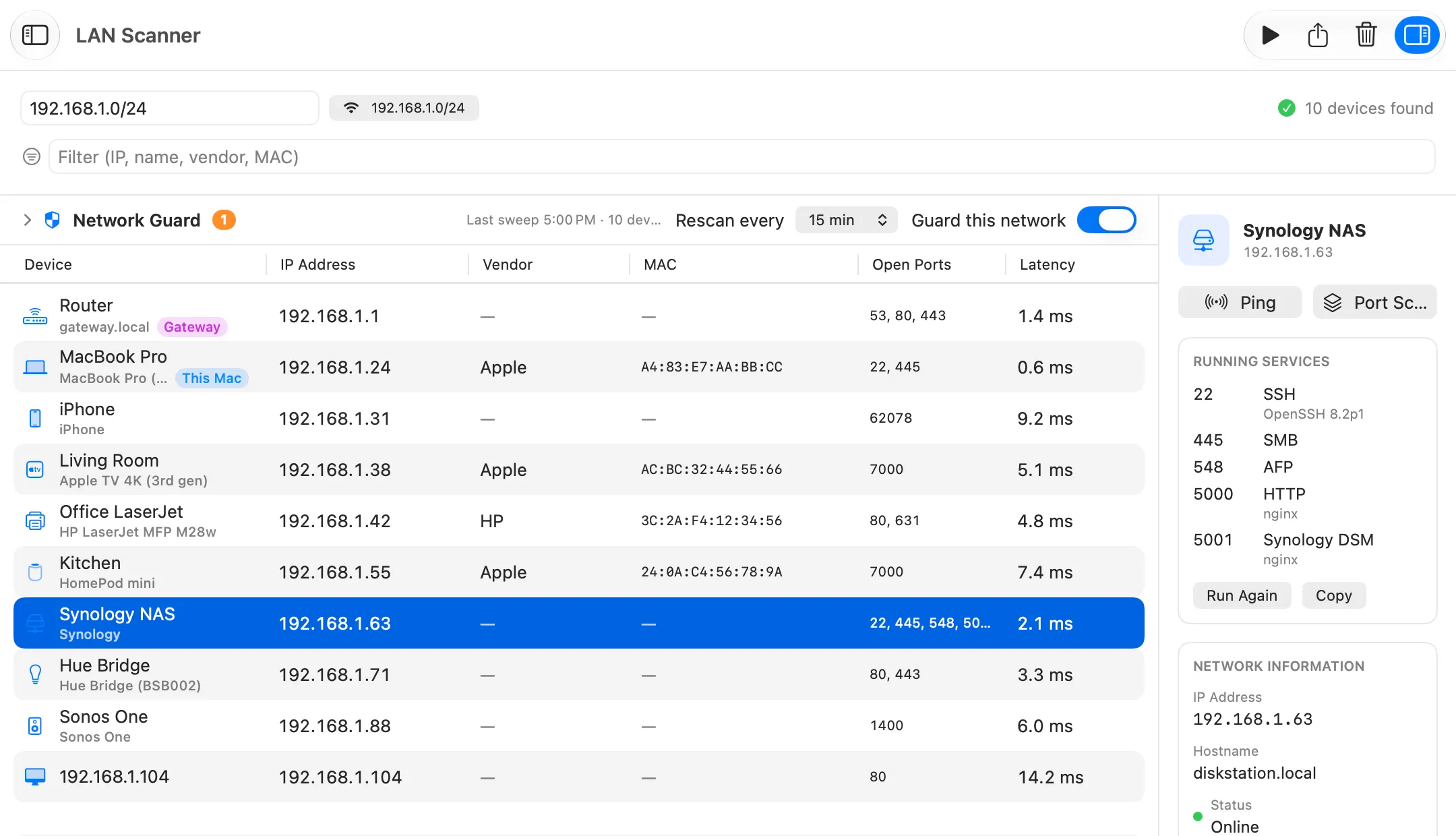 Netutilus LAN Scanner listing ten devices with IP, vendor, MAC, open ports and latency, and the services running on a Synology NAS