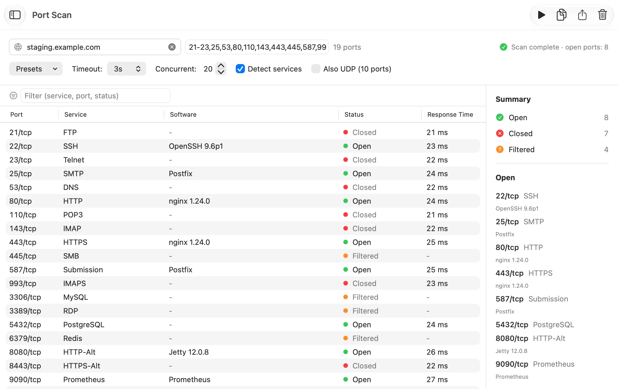 Netutilus Port Scan of 19 ports showing the service, software version, status and response time of each