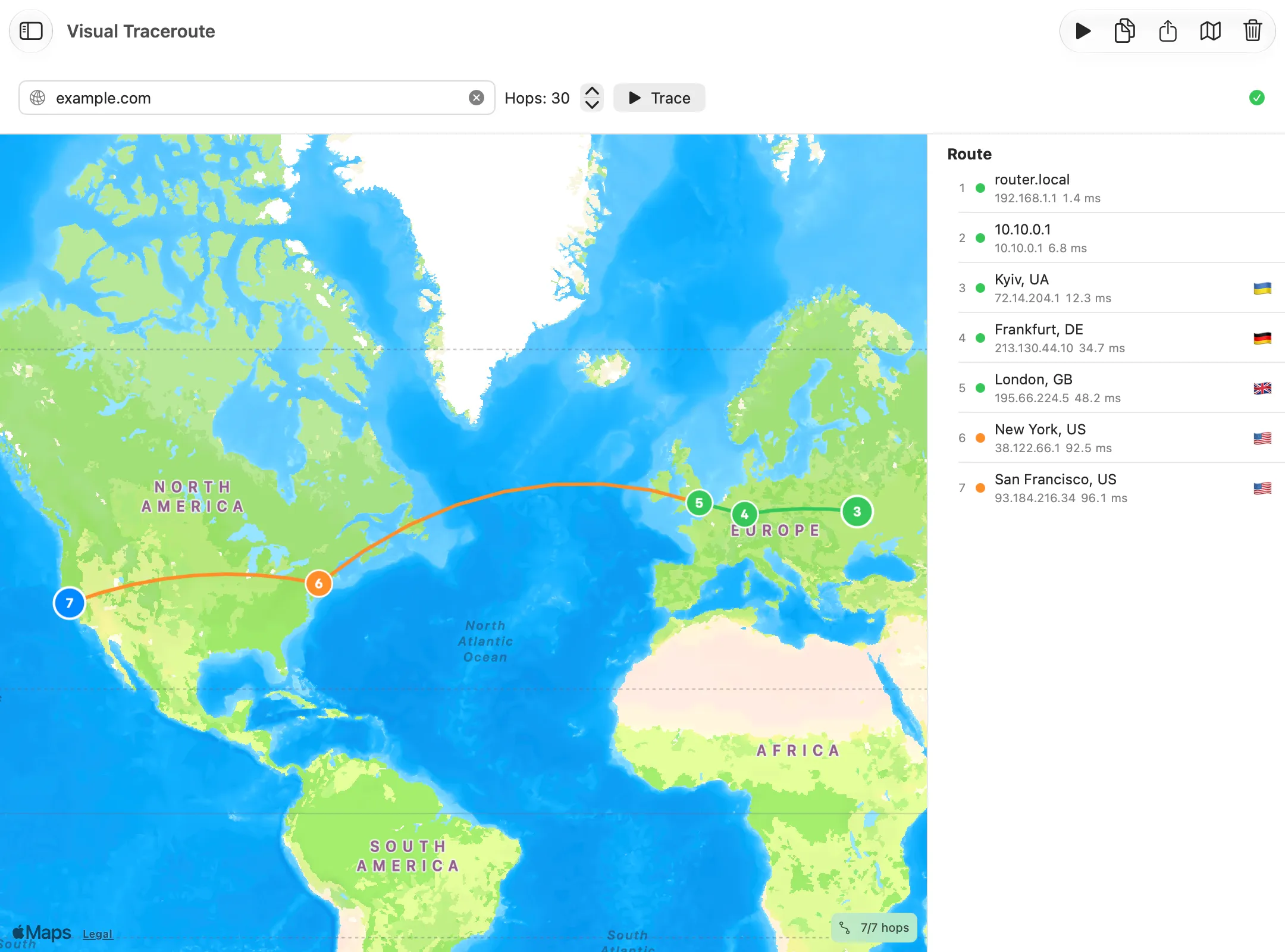 Netutilus Visual Traceroute drawing seven hops from Kyiv through Frankfurt, London and New York to San Francisco on a world map